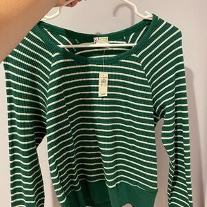 Aerie Green and White Striped Long Sleeve Waffle Knit Tee